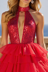 Glitzerndes Rotes A-Linie Ballkleid aus Tüll mit hohem Ausschnitt und Rüschen